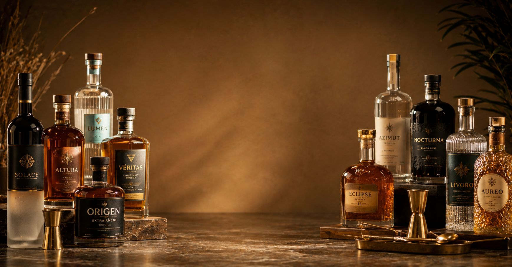 Premium spirits and liquor bottles